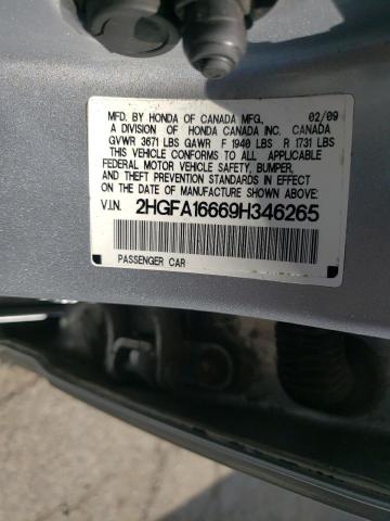 2HGFA16669H346265 - 2009 HONDA CIVIC LX-S Արծաթագույն լուսանկար 12