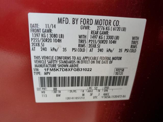 1FM5K7D8XFGB31022 - 2015 FORD EXPLORER XLT RED photo 13