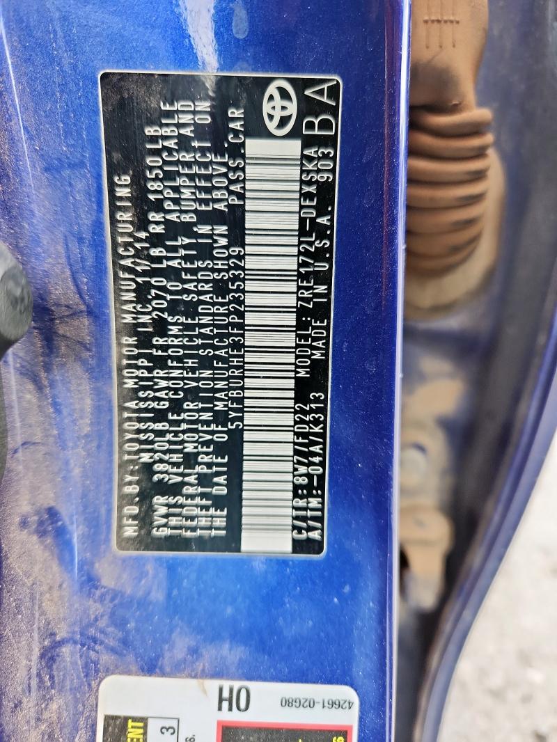 5YFBURHE3FP235329 - 2015 TOYOTA COROLLA L BLUE photo 12