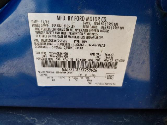 MAJ3S2GE3KC259626 - 2019 FORD ECOSPORT SE BLUE photo 13