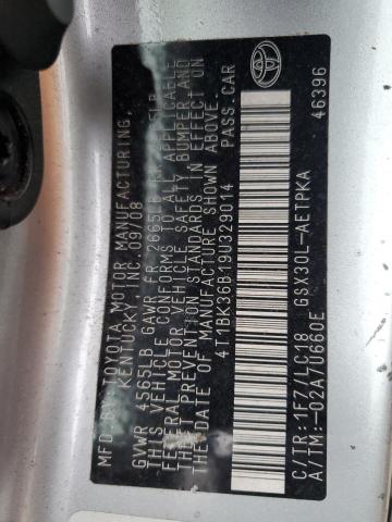 4T1BK36B19U329014 - 2009 TOYOTA AVALON XL 银色 照片 12