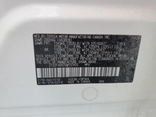 2T3ZF4DV7CW117450 - 2012 TOYOTA RAV4 WHITE photo 13