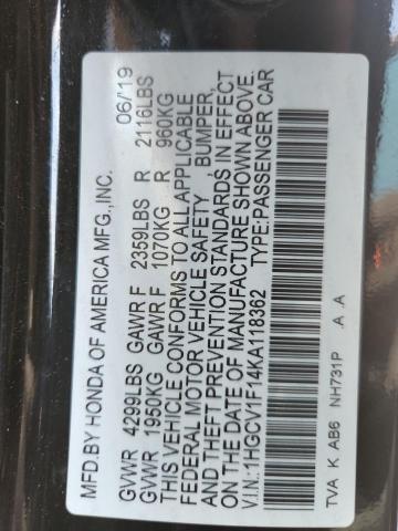 1HGCV1F14KA118362 - 2019 HONDA ACCORD LX 黑色 照片 12