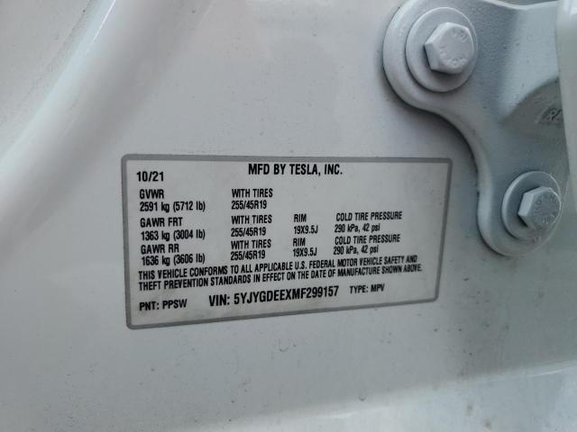 5YJYGDEEXMF299157 - 2021 TESLA MODEL Y WHITE photo 12