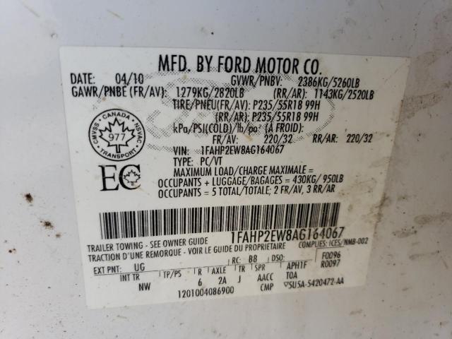 1FAHP2EW8AG164067 - 2010 FORD TAURUS SEL WHITE photo 13