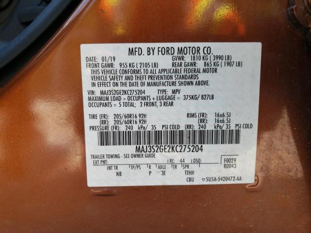 MAJ3S2GE2KC275204 - 2019 FORD ECOSPORT SE Naranja foto 12