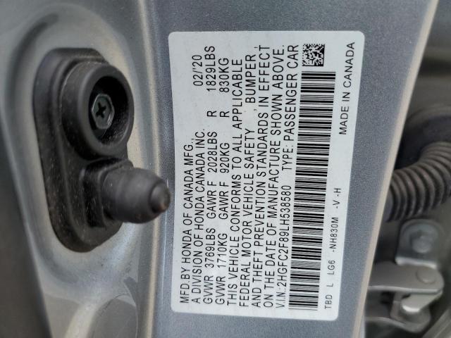 2HGFC2F89LH538580 - 2020 HONDA CIVIC SPORT 银色 照片 12