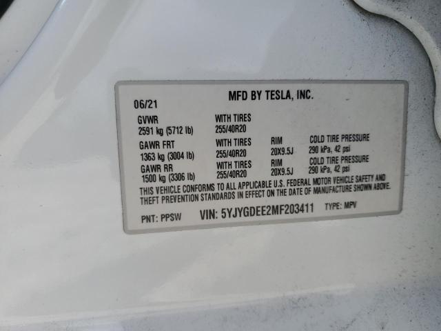 5YJYGDEE2MF203411 - 2021 TESLA MODEL Y Biały zdjęcie 12