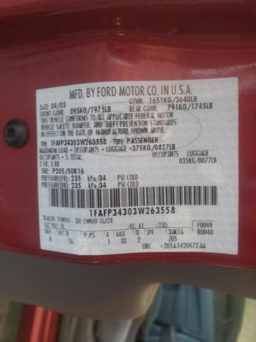 1FAFP34303W263558 - 2003 FORD FOCUS SE COMFORT RED photo 12