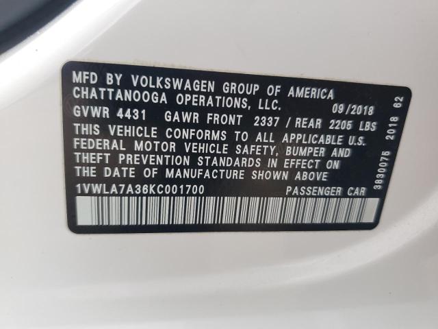 1VWLA7A36KC001700 - 2019 VOLKSWAGEN PASSAT WOLFSBURG WHITE photo 12