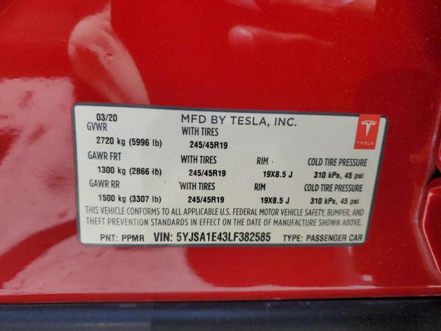 5YJSA1E43LF382585 - 2020 TESLA MODEL S წითელი ფოტო 14