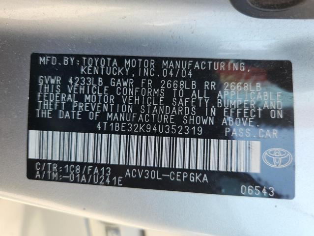 4T1BE32K94U352319 - 2004 TOYOTA CAMRY LE SILVER photo 12