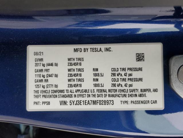 5YJ3E1EA7MF028973 - 2021 TESLA MODEL 3 蓝色 照片 12