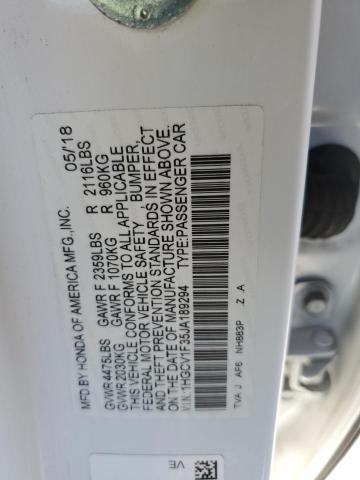1HGCV1F35JA189294 - 2018 HONDA ACCORD SPORT თეთრი ფოტო 12