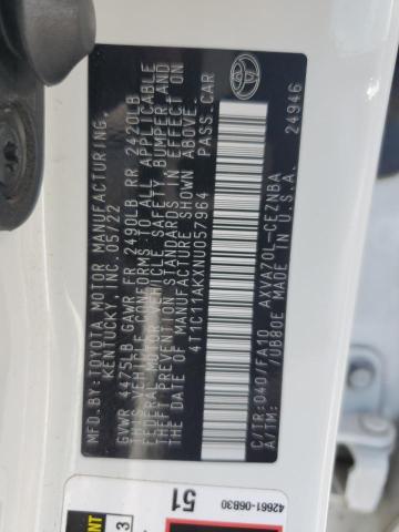4T1C11AKXNU057964 - 2022 TOYOTA CAMRY LE WHITE photo 12