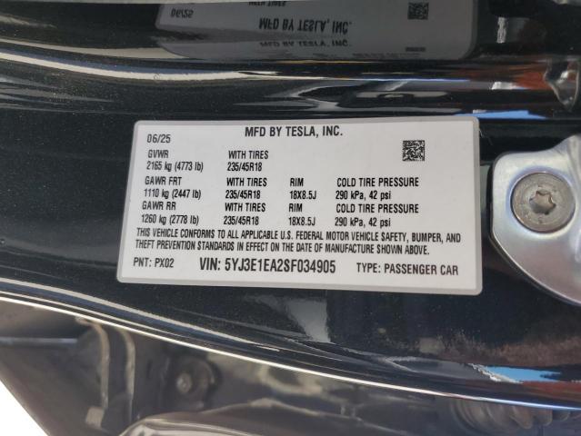 5YJ3E1EA2SF034905 - 2025 TESLA MODEL 3 Noir photo 12