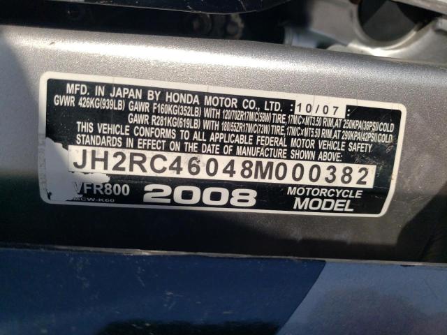 JH2RC46048M000382 - 2008 HONDA VFR800 GRAY photo 10