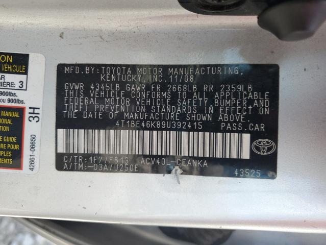 4T1BE46K89U392415 - 2009 TOYOTA CAMRY BASE SILVER photo 12