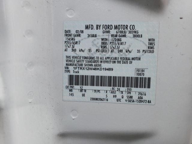 1FTRX12W48KD19489 - 2008 FORD F150 WHITE photo 12