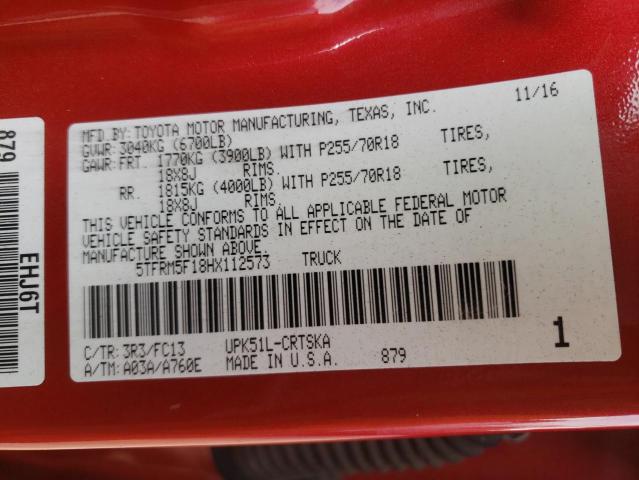 5TFRM5F18HX112573 - 2017 TOYOTA TUNDRA DOUBLE CAB SR/SR5 RED photo 12