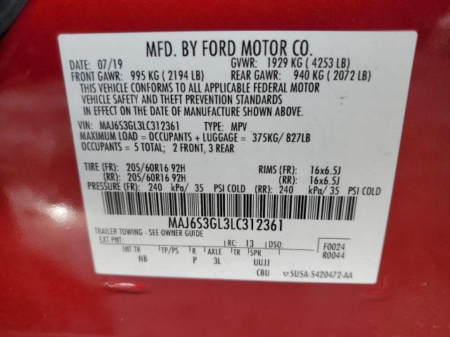 MAJ6S3GL3LC312361 - 2020 FORD ECOSPORT SE Rojo foto 13