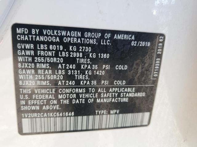 1V2UR2CA1KC541646 - 2019 VOLKSWAGEN ATLAS SE Biały zdjęcie 12