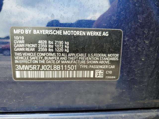 3MW5R7J02L8B11501 - 2020 BMW 330XI BLUE photo 12