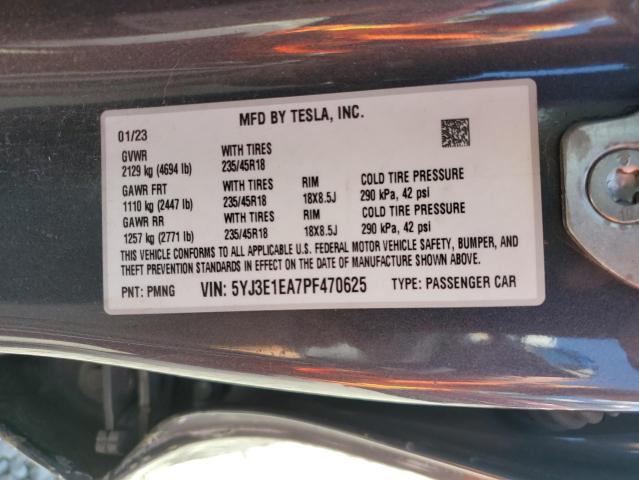 5YJ3E1EA7PF470625 - 2023 TESLA MODEL 3 GRAY photo 12