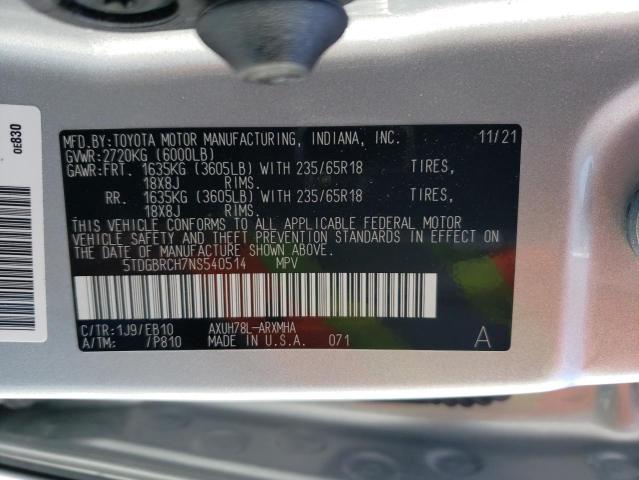 5TDGBRCH7NS540514 - 2022 TOYOTA HIGHLANDER HYBRID XLE SILVER photo 13