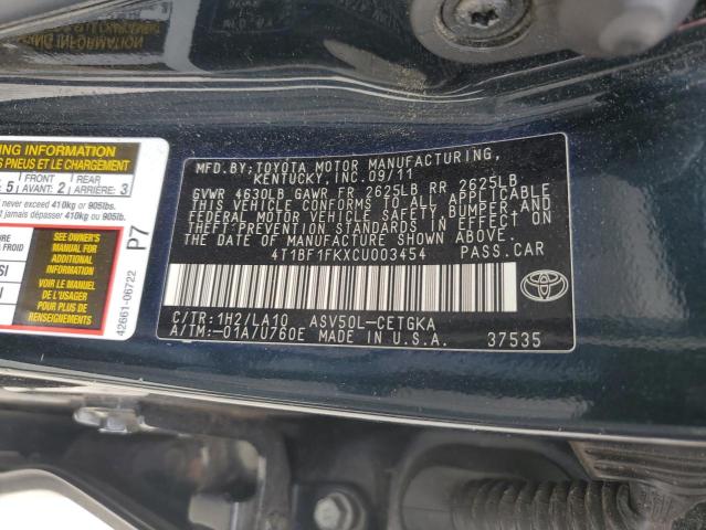 4T1BF1FKXCU003454 - 2012 TOYOTA CAMRY BASE BLUE photo 12