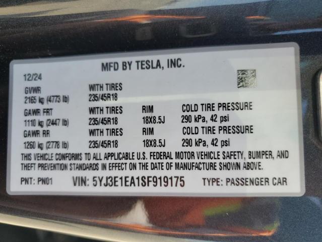 5YJ3E1EA1SF919175 - 2025 TESLA MODEL 3 GRAY photo 12