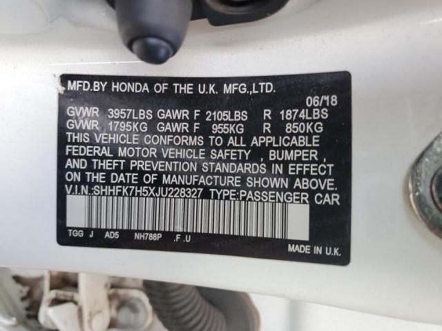 SHHFK7H5XJU228327 - 2018 HONDA CIVIC EX WHITE photo 13