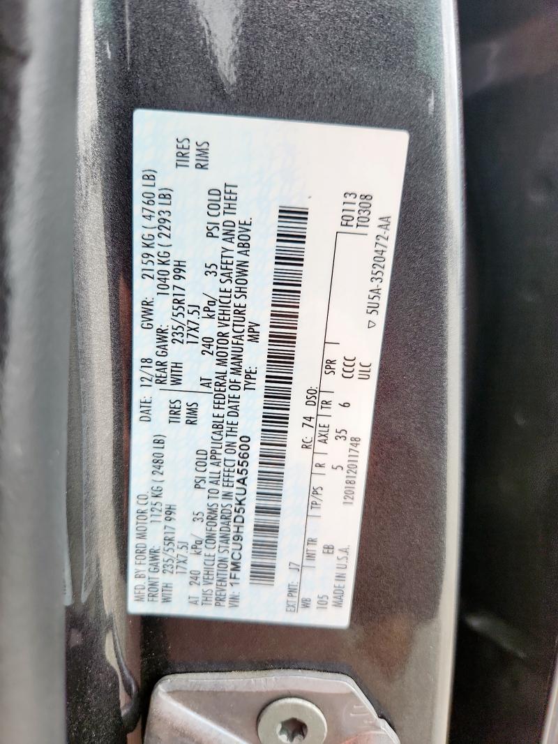 1FMCU9HD5KUA55600 - 2019 FORD ESCAPE SEL ნაცრისფერი ფოტო 13