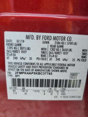 2FMPK4AP5KBC37785 - 2019 FORD EDGE ST RED photo 12