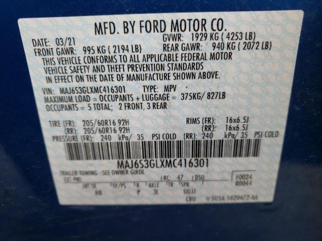 MAJ6S3GLXMC416301 - 2021 FORD ECOSPORT SE BLUE photo 13