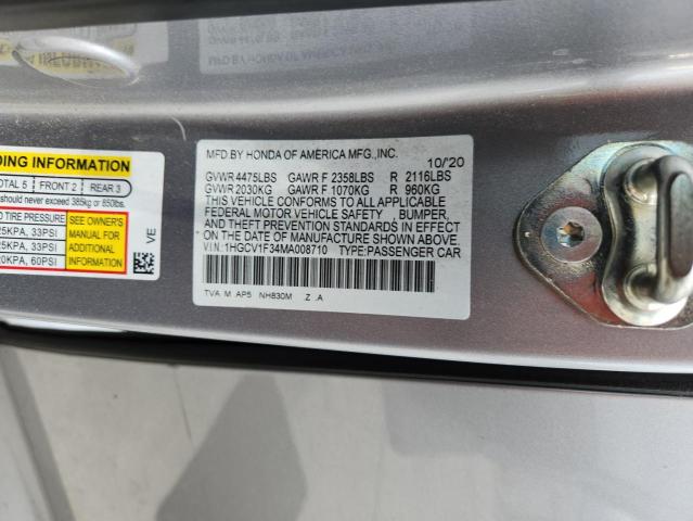 1HGCV1F34MA008710 - 2021 HONDA ACCORD SPORT SILVER photo 12