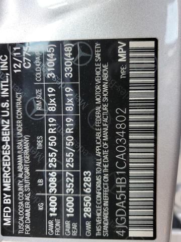 4JGDA5HB1CA034802 - 2012 MERCEDES-BENZ ML 350 4MATIC SILVER photo 13