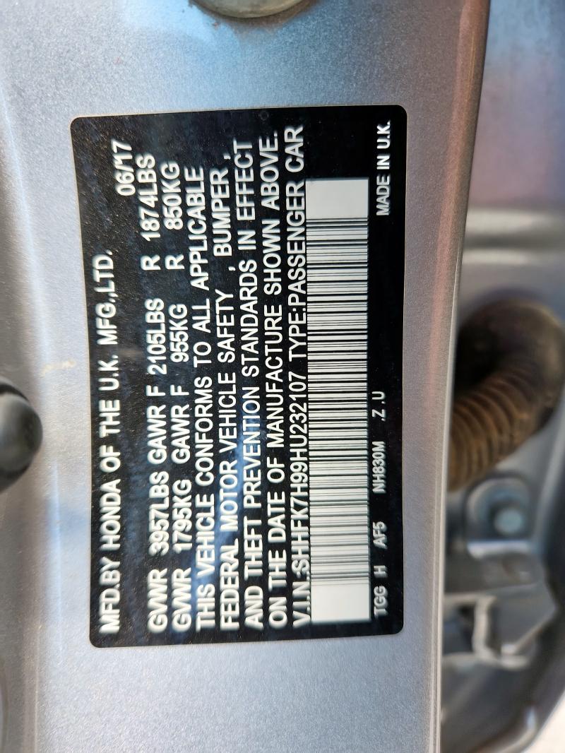 SHHFK7H99HU232107 - 2017 HONDA CIVIC SPORT TOURING SILVER photo 12