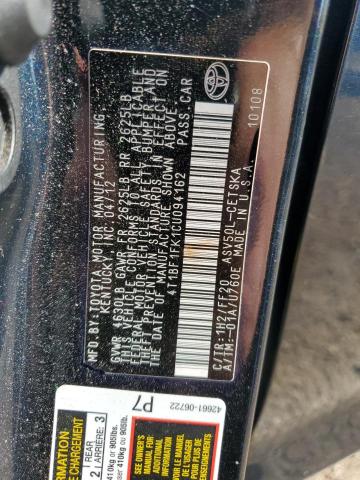 4T1BF1FK1CU094162 - 2012 TOYOTA CAMRY BASE BLACK photo 12