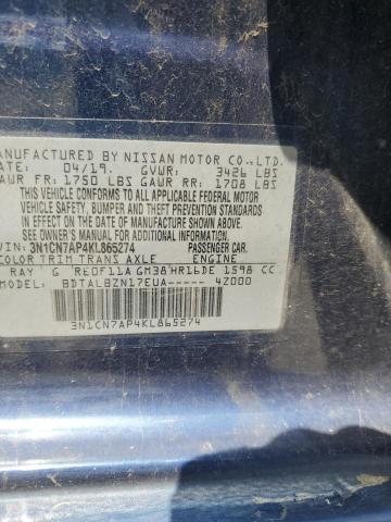 3N1CN7AP4KL865274 - 2019 NISSAN VERSA S BLUE photo 12