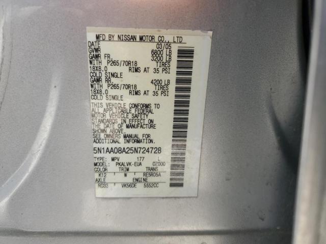 5N1AA08A25N724728 - 2005 NISSAN ARMADA SE SILVER photo 13