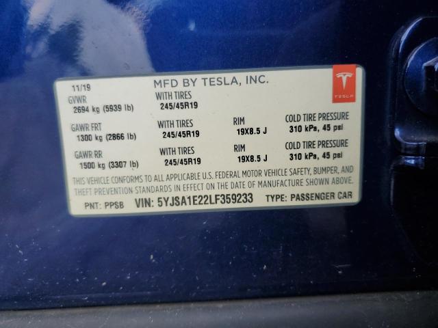 5YJSA1E22LF359233 - 2020 TESLA MODEL S 蓝色 照片 13