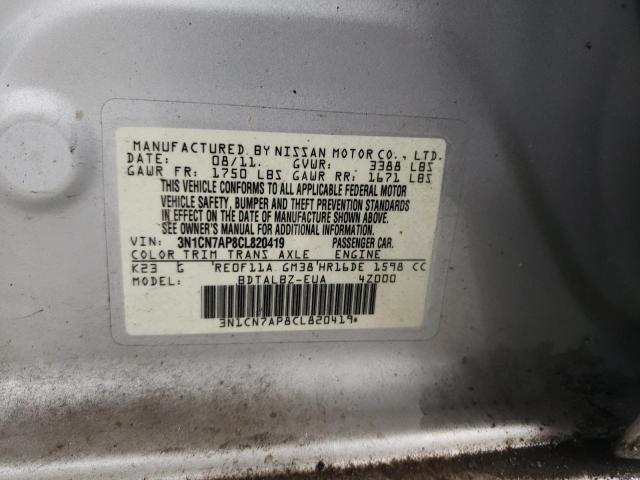 3N1CN7AP8CL820419 - 2012 NISSAN VERSA S SILVER photo 12