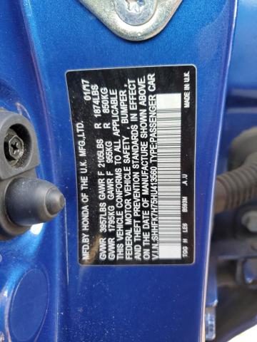 SHHFK7H75HU413560 - 2017 HONDA CIVIC EXL BLUE photo 12