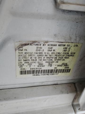 1N4AL11D74C135117 - 2004 NISSAN ALTIMA BASE WHITE photo 12