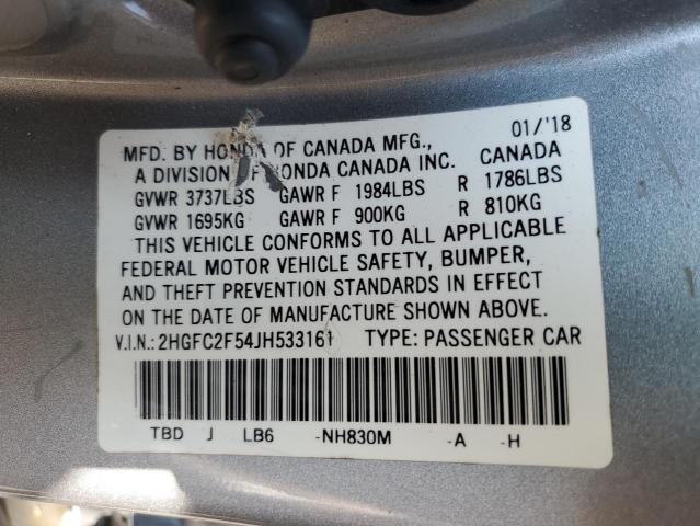 2HGFC2F54JH533161 - 2018 HONDA CIVIC LX ვერცხლისფერი ფოტო 12