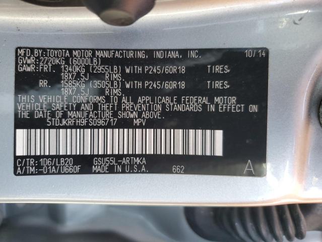 5TDJKRFH9FS096717 - 2015 TOYOTA HIGHLANDER XLE GRAY photo 13