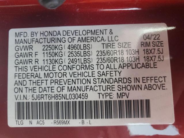 5J6RT6H85NL030459 - 2022 HONDA CR-V EXL 红色 照片 14