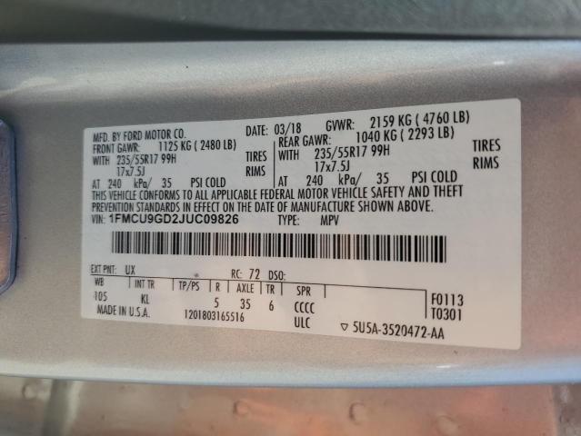 1FMCU9GD2JUC09826 - 2018 FORD ESCAPE SE Gümüş fotoğraf 13