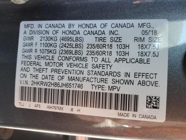 2HKRW2H86JH651746 - 2018 HONDA CR-V EXL GRAY photo 12